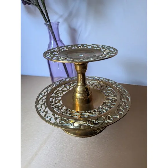 Vintage Brass Two Tiered Ornate Candle Holder Decor Tableware Candlestick - Picture 4 of 7
